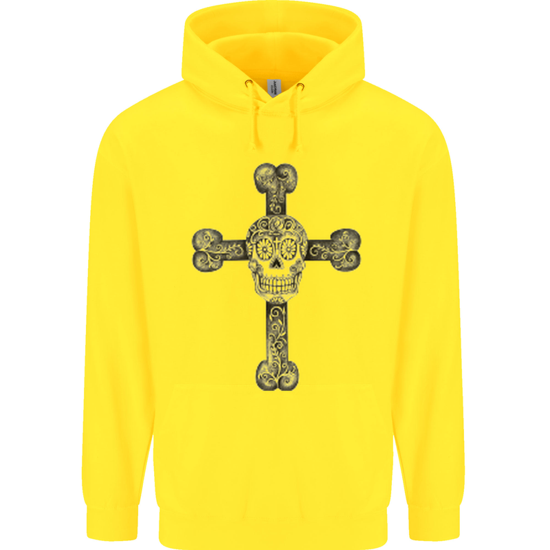 Day of the Dead Sugar Skull Cross Mens 80% Cotton Hoodie Yellow