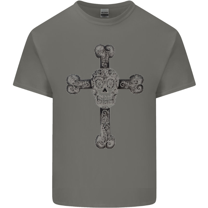 Day of the Dead Sugar Skull Cross Mens Cotton T-Shirt Tee Top Charcoal