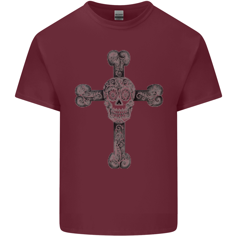 Day of the Dead Sugar Skull Cross Mens Cotton T-Shirt Tee Top Maroon