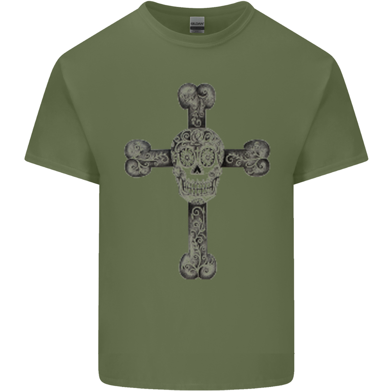 Day of the Dead Sugar Skull Cross Mens Cotton T-Shirt Tee Top Military Green