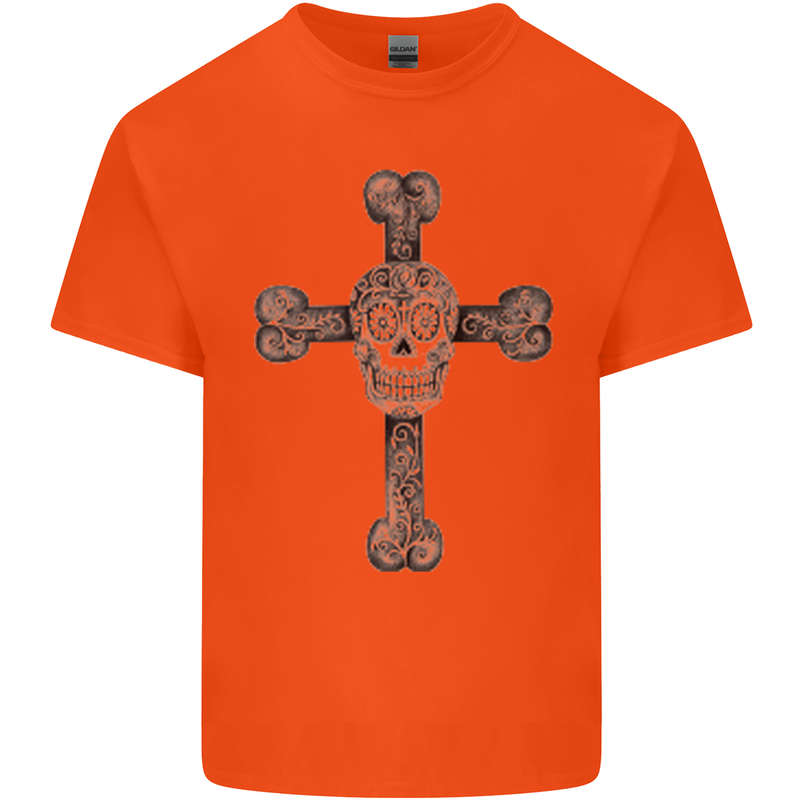 Day of the Dead Sugar Skull Cross Mens Cotton T-Shirt Tee Top Orange