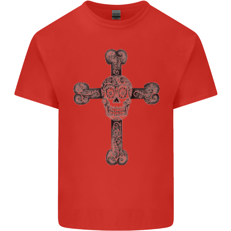 Day of the Dead Sugar Skull Cross Mens Cotton T-Shirt Tee Top Red