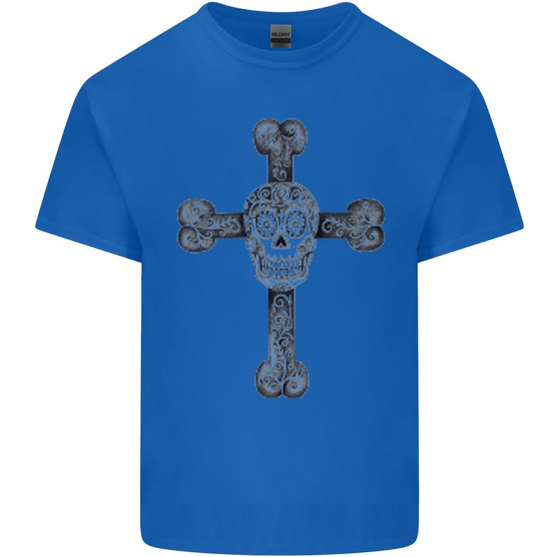 Day of the Dead Sugar Skull Cross Mens Cotton T-Shirt Tee Top Royal Blue