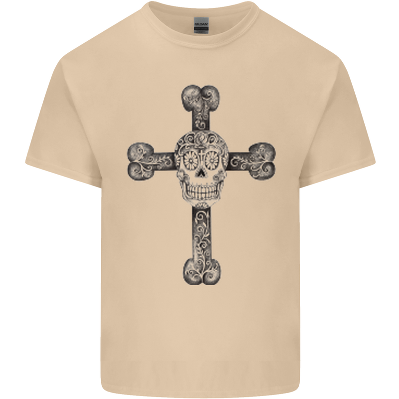 Day of the Dead Sugar Skull Cross Mens Cotton T-Shirt Tee Top Sand