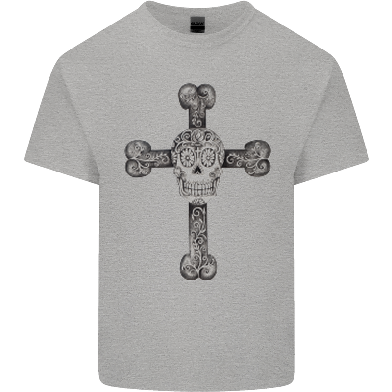 Day of the Dead Sugar Skull Cross Mens Cotton T-Shirt Tee Top Sports Grey