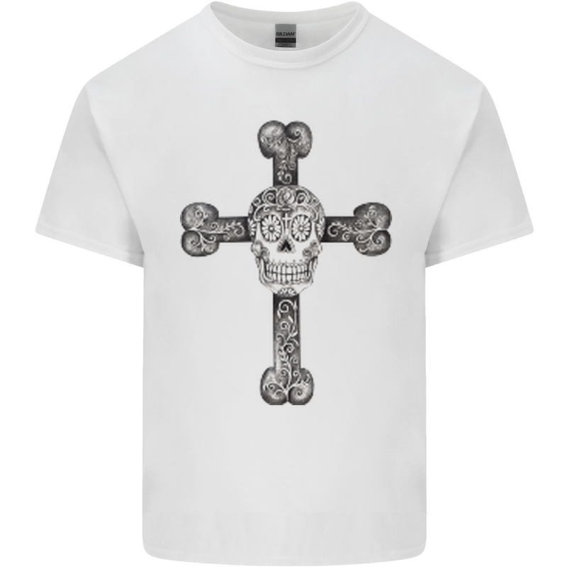 Day of the Dead Sugar Skull Cross Mens Cotton T-Shirt Tee Top White
