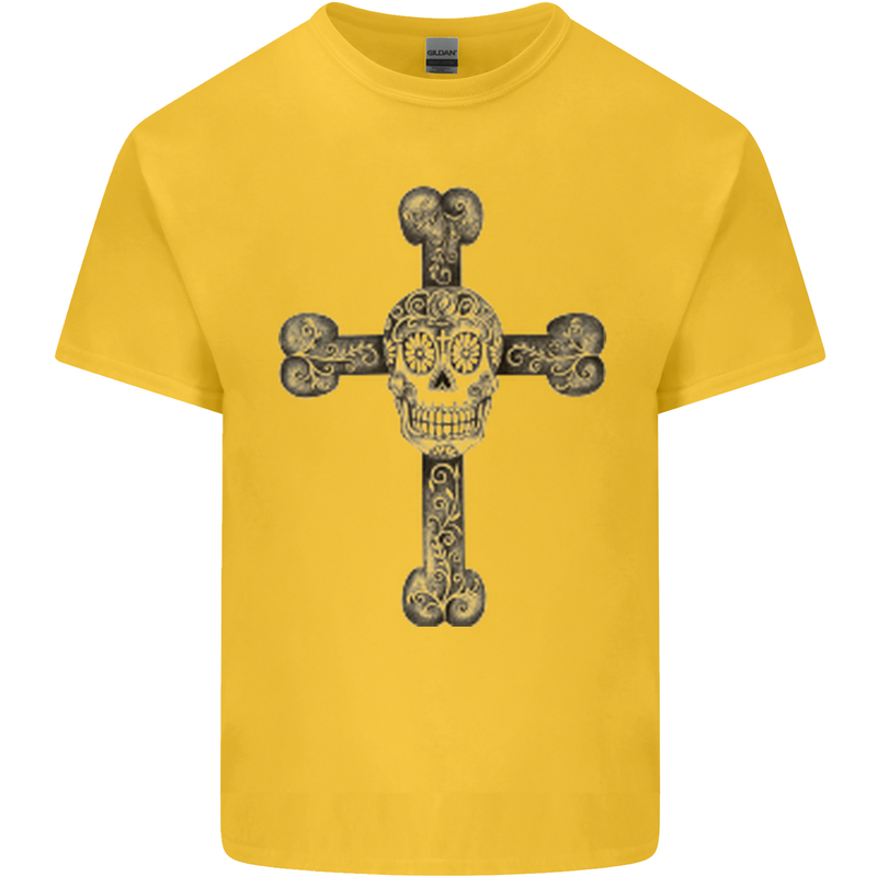 Day of the Dead Sugar Skull Cross Mens Cotton T-Shirt Tee Top Yellow