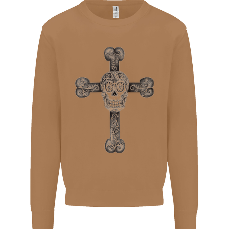 Day of the Dead Sugar Skull Cross Mens Sweatshirt Jumper Caramel Latte