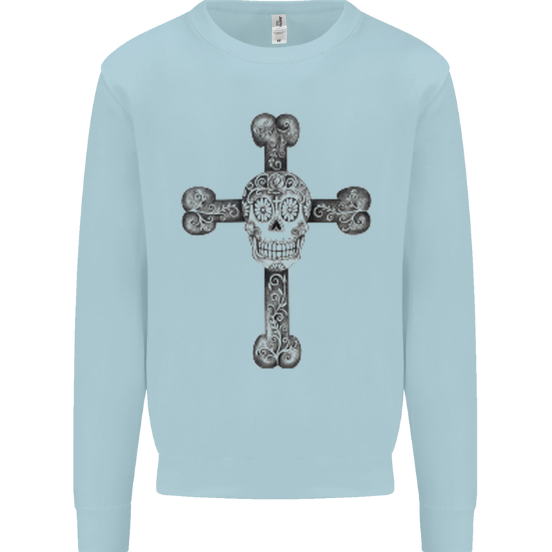 Day of the Dead Sugar Skull Cross Mens Sweatshirt Jumper Light Blue