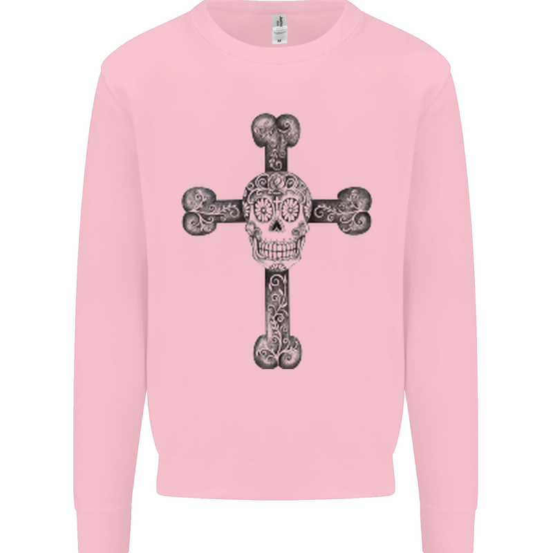 Day of the Dead Sugar Skull Cross Mens Sweatshirt Jumper Light Pink