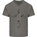 Day of the Dead Sugar Skull Cross Mens V-Neck Cotton T-Shirt Charcoal