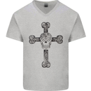 Day of the Dead Sugar Skull Cross Mens V-Neck Cotton T-Shirt Sports Grey