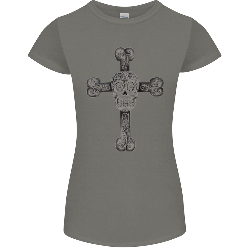 Day of the Dead Sugar Skull Cross Womens Petite Cut T-Shirt Charcoal