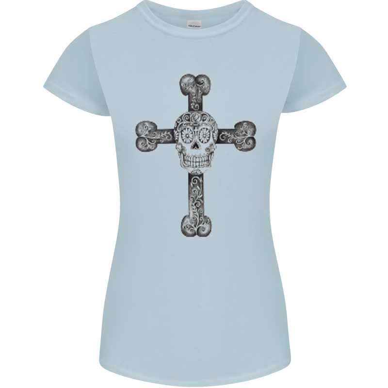 Day of the Dead Sugar Skull Cross Womens Petite Cut T-Shirt Light Blue