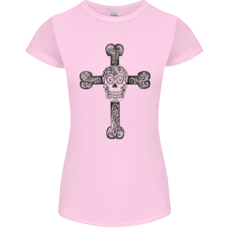 Day of the Dead Sugar Skull Cross Womens Petite Cut T-Shirt Light Pink