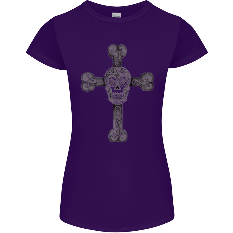 Day of the Dead Sugar Skull Cross Womens Petite Cut T-Shirt Purple