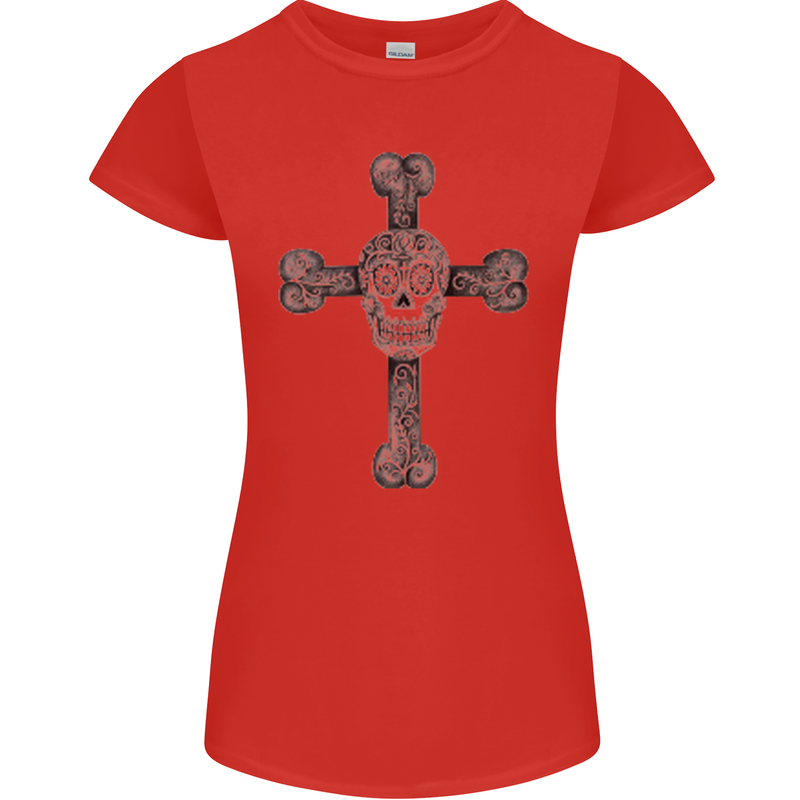 Day of the Dead Sugar Skull Cross Womens Petite Cut T-Shirt Red