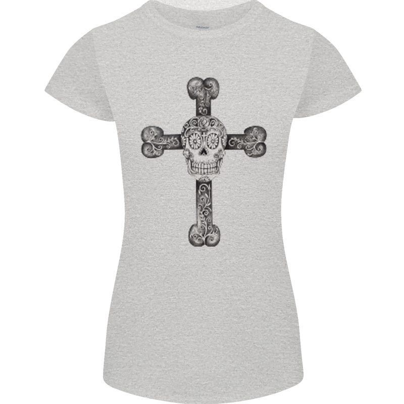 Day of the Dead Sugar Skull Cross Womens Petite Cut T-Shirt Sports Grey