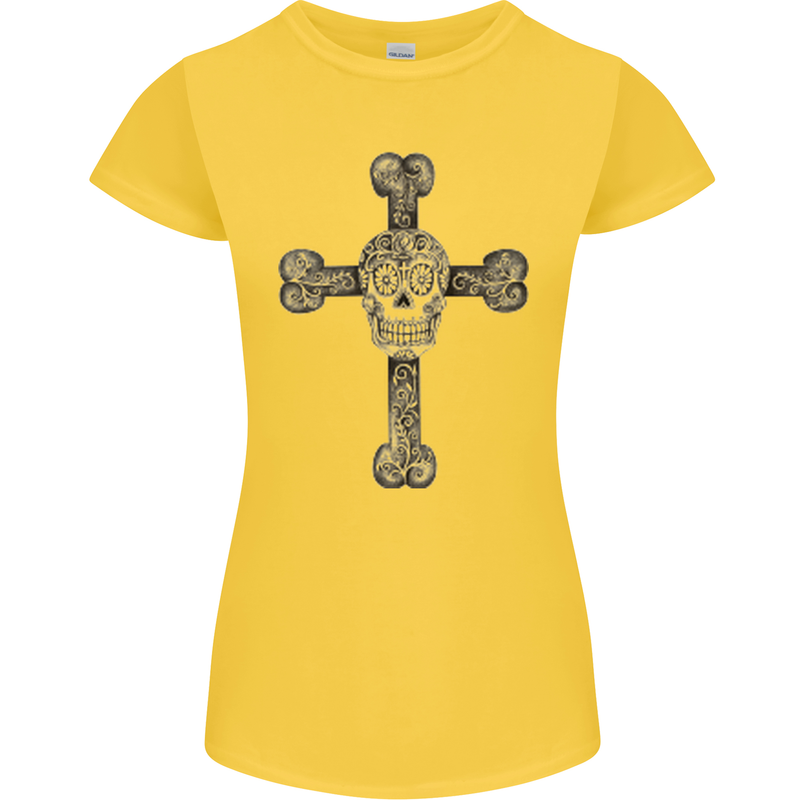 Day of the Dead Sugar Skull Cross Womens Petite Cut T-Shirt Yellow