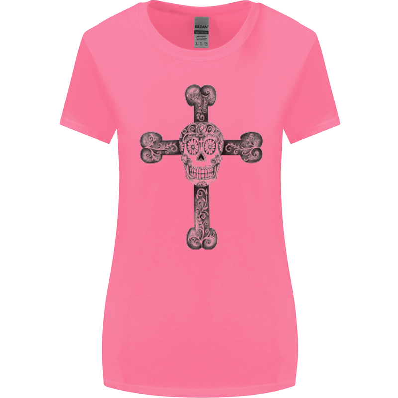 Day of the Dead Sugar Skull Cross Womens Wider Cut T-Shirt Azalea