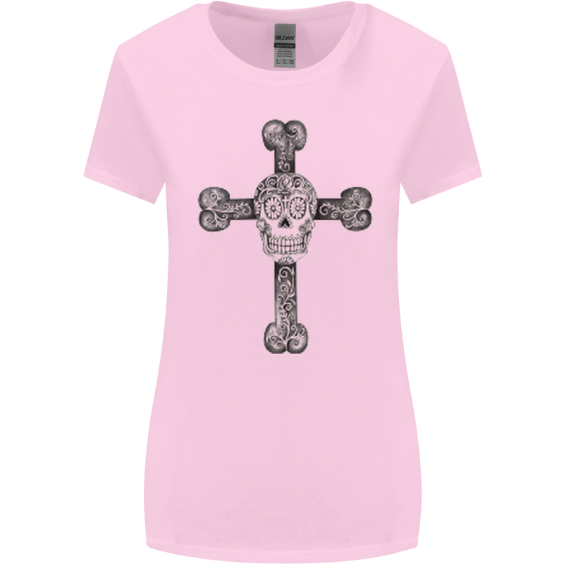Day of the Dead Sugar Skull Cross Womens Wider Cut T-Shirt Light Pink