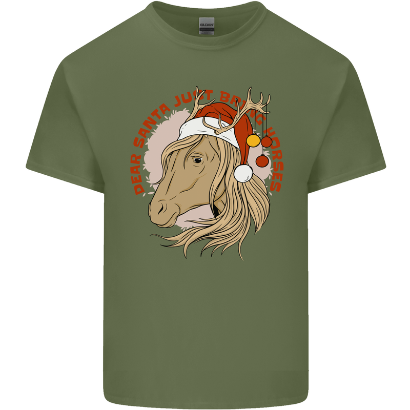 Dear Santa Funny Equestrian Horse Christmas Mens Cotton T-Shirt Tee Top Military Green