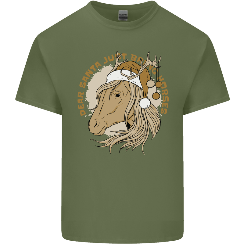 Dear Santa Funny Horse Equestrian Christmas Mens Cotton T-Shirt Tee Top Military Green