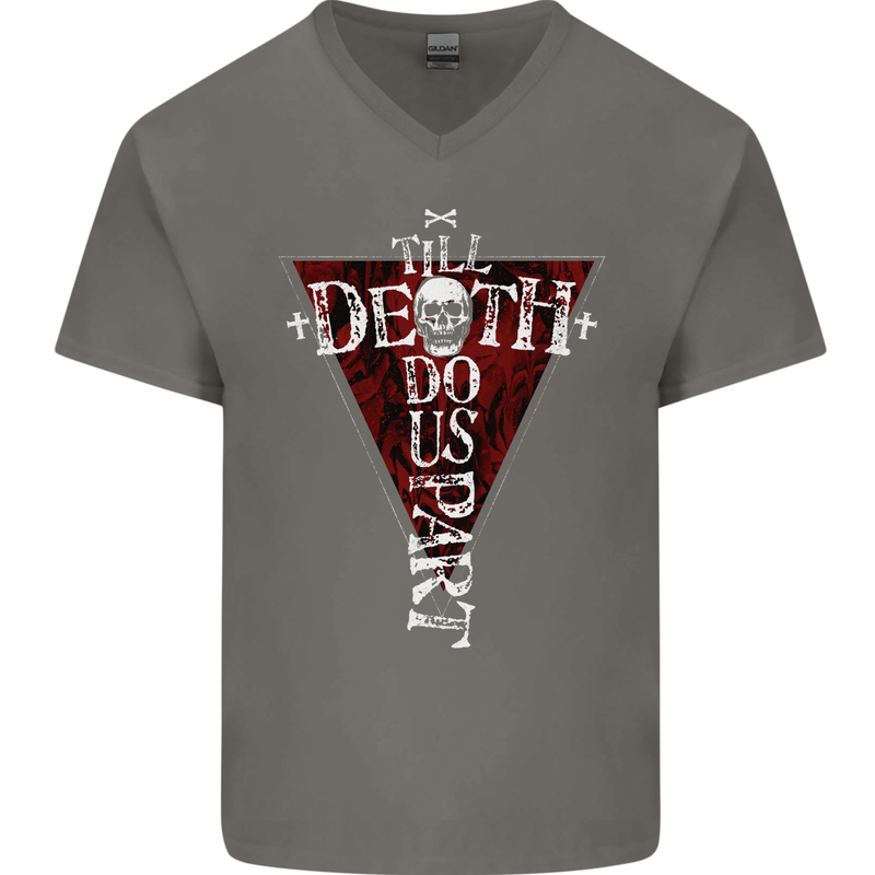 Death Do Us Part Gothic Skull Biker Cross Mens V-Neck Cotton T-Shirt Charcoal
