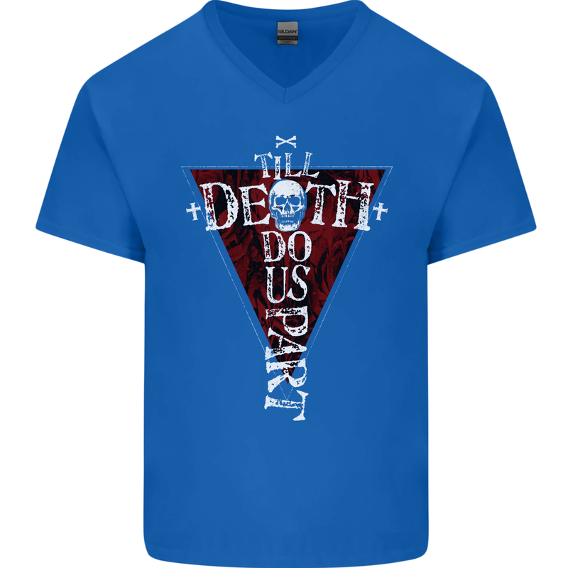 Death Do Us Part Gothic Skull Biker Cross Mens V-Neck Cotton T-Shirt Royal Blue