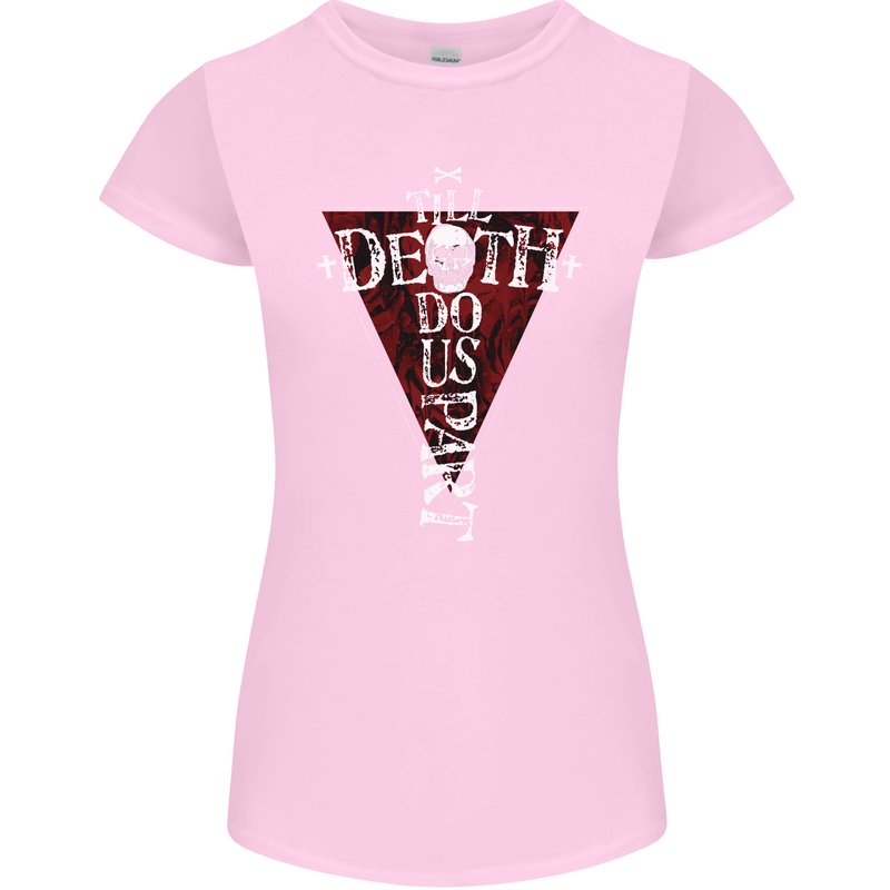 Death Do Us Part Gothic Skull Biker Cross Womens Petite Cut T-Shirt Light Pink