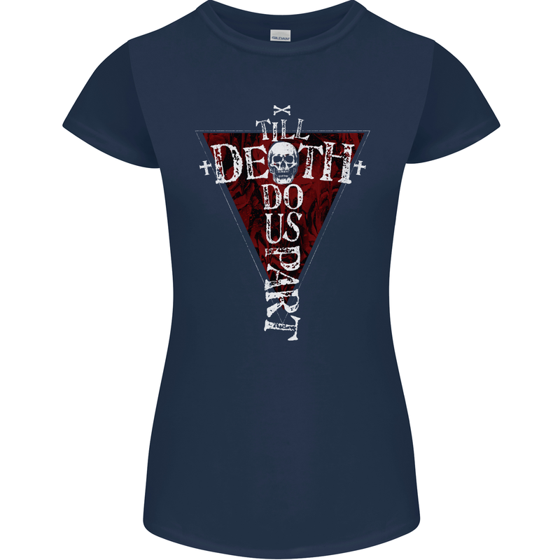 Death Do Us Part Gothic Skull Biker Cross Womens Petite Cut T-Shirt Navy Blue