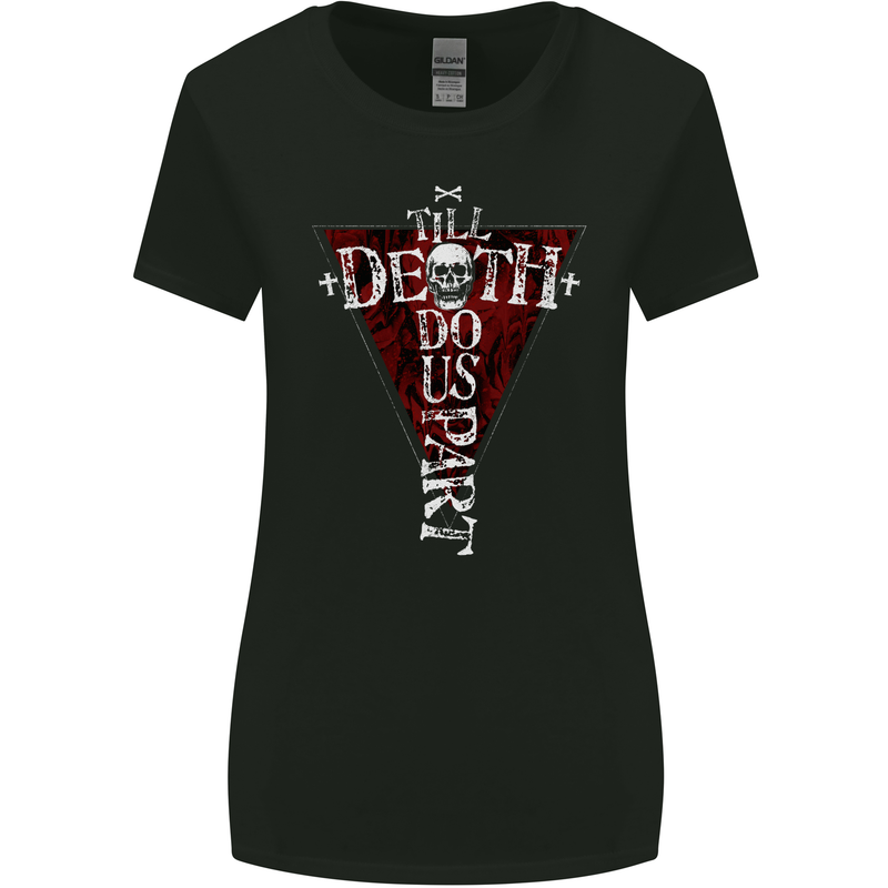 Death Do Us Part Gothic Skull Biker Cross Womens Wider Cut T-Shirt Black