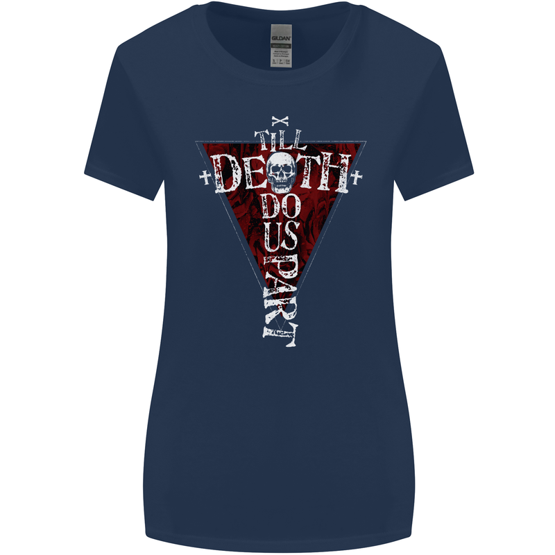 Death Do Us Part Gothic Skull Biker Cross Womens Wider Cut T-Shirt Navy Blue