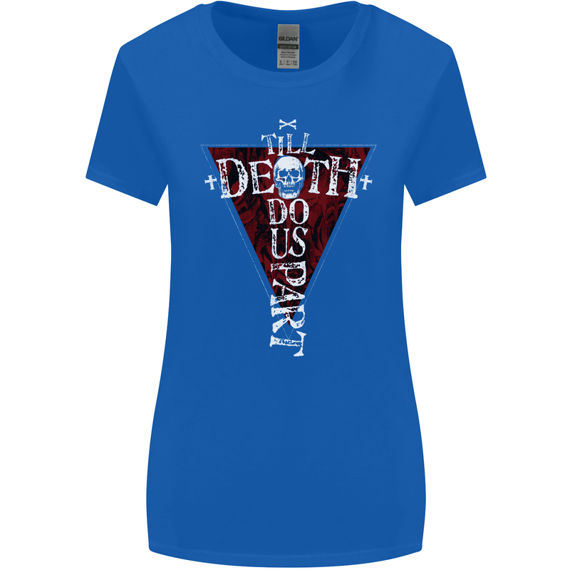 Death Do Us Part Gothic Skull Biker Cross Womens Wider Cut T-Shirt Royal Blue