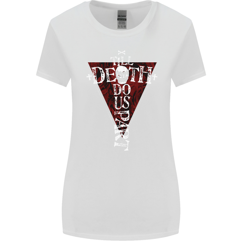 Death Do Us Part Gothic Skull Biker Cross Womens Wider Cut T-Shirt White