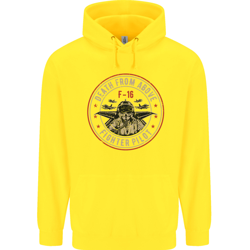Death From Above F-16 Fighter Pilot RAF Childrens Kids Hoodie Yellow