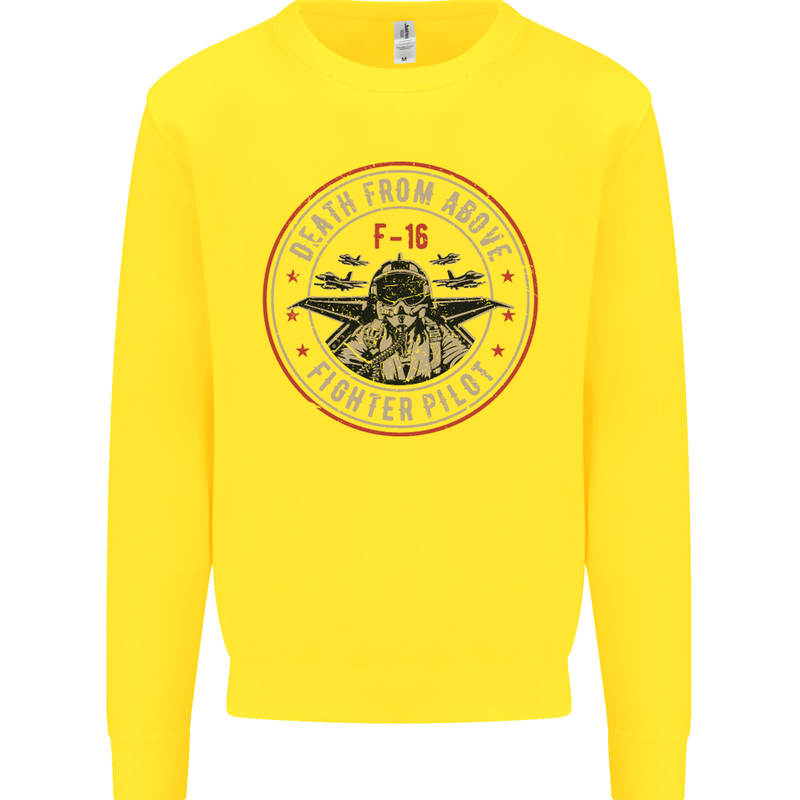 Death From Above F-16 Fighter Pilot RAF Kids Sweatshirt Jumper Yellow