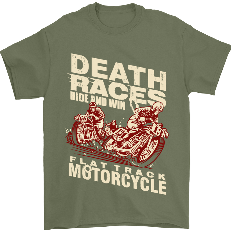 Death Races Flat Track Motorcycle Biker Mens T-Shirt Cotton Gildan Military Green
