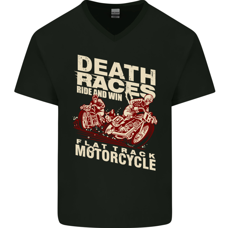 Death Races Flat Track Motorcycle Biker Mens V-Neck Cotton T-Shirt Black