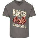 Death Races Flat Track Motorcycle Biker Mens V-Neck Cotton T-Shirt Charcoal