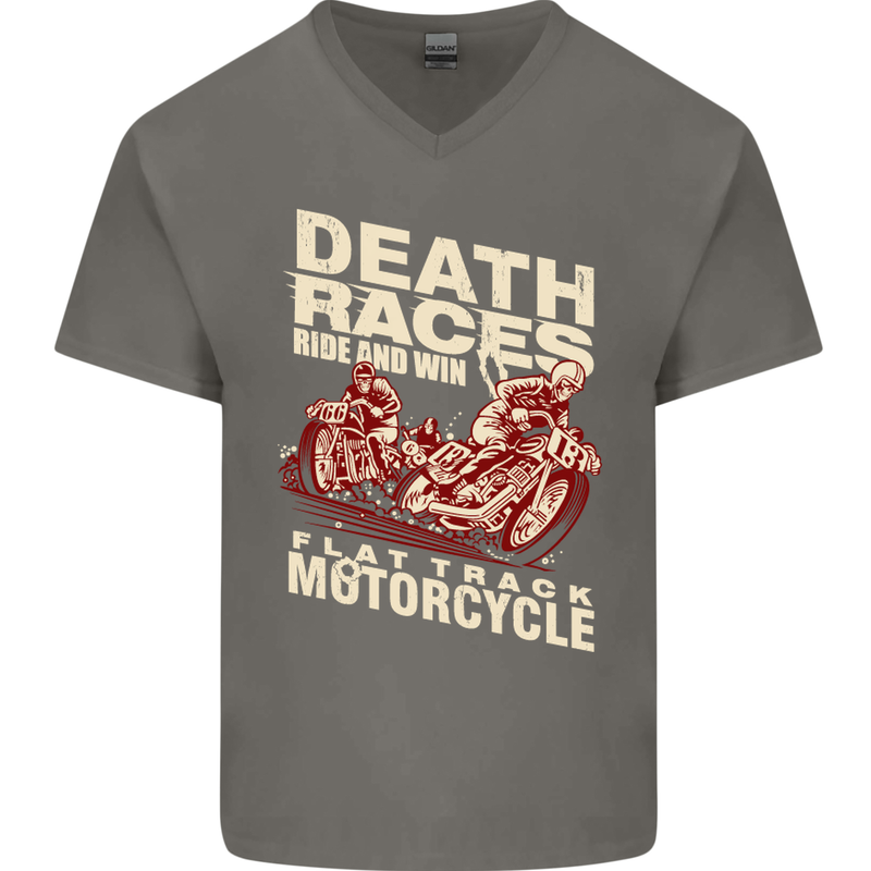 Death Races Flat Track Motorcycle Biker Mens V-Neck Cotton T-Shirt Charcoal