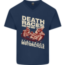 Death Races Flat Track Motorcycle Biker Mens V-Neck Cotton T-Shirt Navy Blue