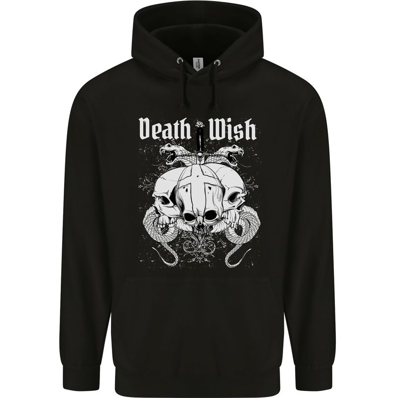 Death Wish Skulls Snakes Biker Gothic Demon Childrens Kids Hoodie Black