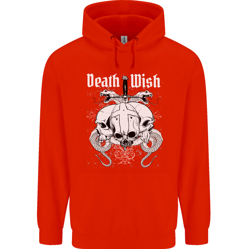 Death Wish Skulls Snakes Biker Gothic Demon Childrens Kids Hoodie Bright Red