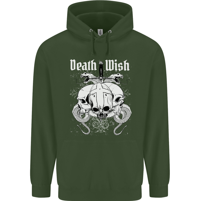 Death Wish Skulls Snakes Biker Gothic Demon Childrens Kids Hoodie Forest Green