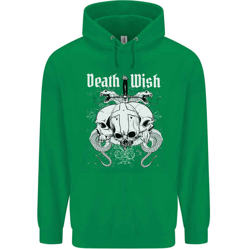 Death Wish Skulls Snakes Biker Gothic Demon Childrens Kids Hoodie Irish Green