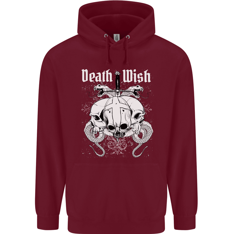 Death Wish Skulls Snakes Biker Gothic Demon Childrens Kids Hoodie Maroon