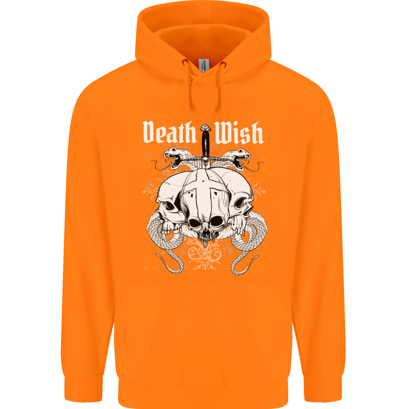 Death Wish Skulls Snakes Biker Gothic Demon Childrens Kids Hoodie Orange