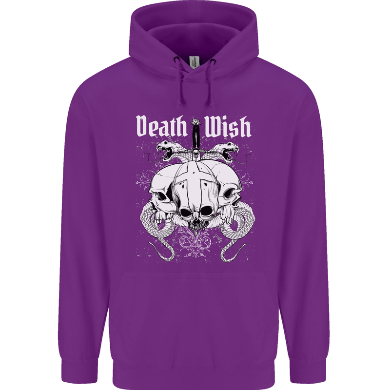 Death Wish Skulls Snakes Biker Gothic Demon Childrens Kids Hoodie Purple
