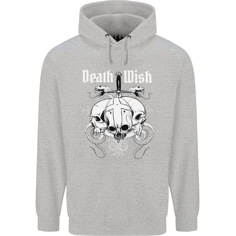 Death Wish Skulls Snakes Biker Gothic Demon Childrens Kids Hoodie Sports Grey